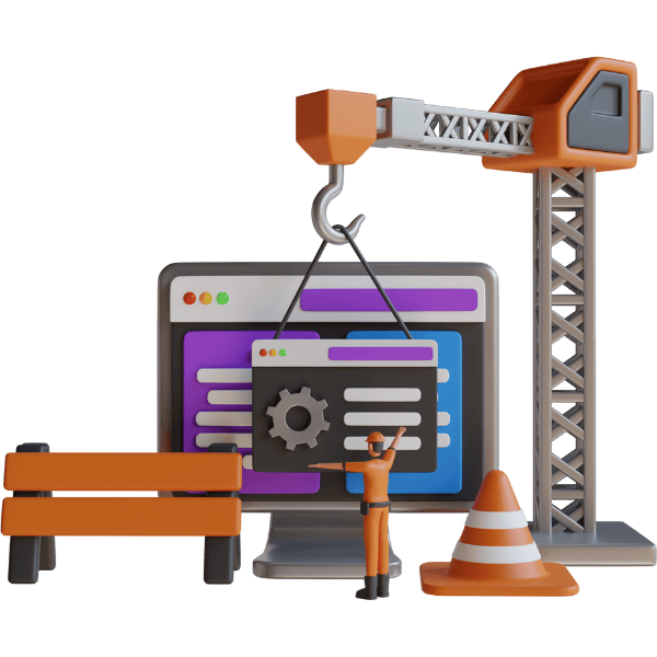 Imagem simulando a construção de um site com cones e guindaste